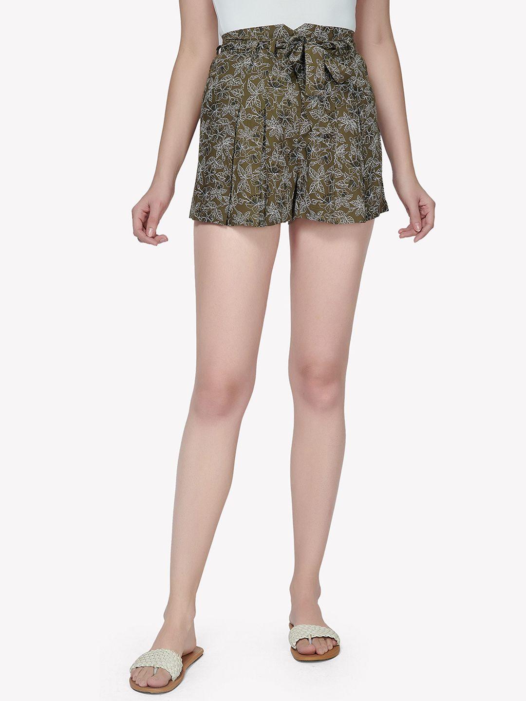 vastrado women olive-green floral printed skort skirts