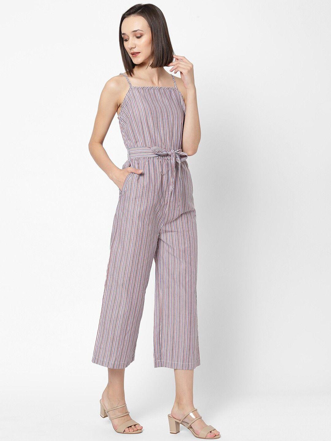 vastrado women white & maroon striped basic jumpsuit