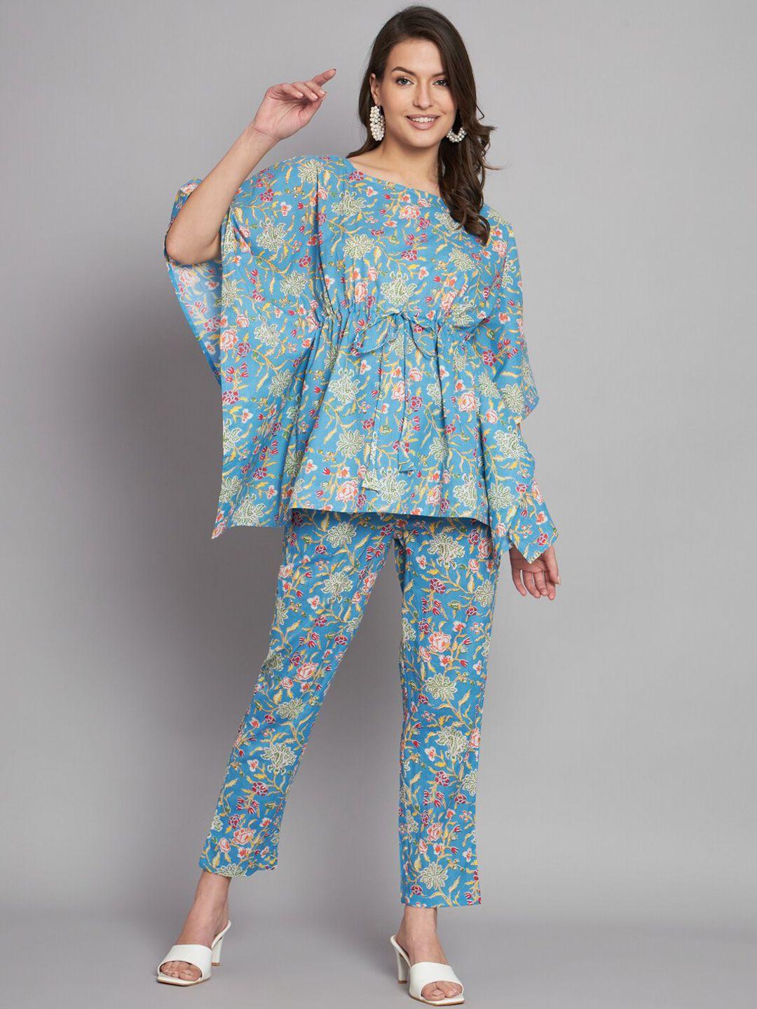 vastralay floral printed pure cotton kaftan top with trouser