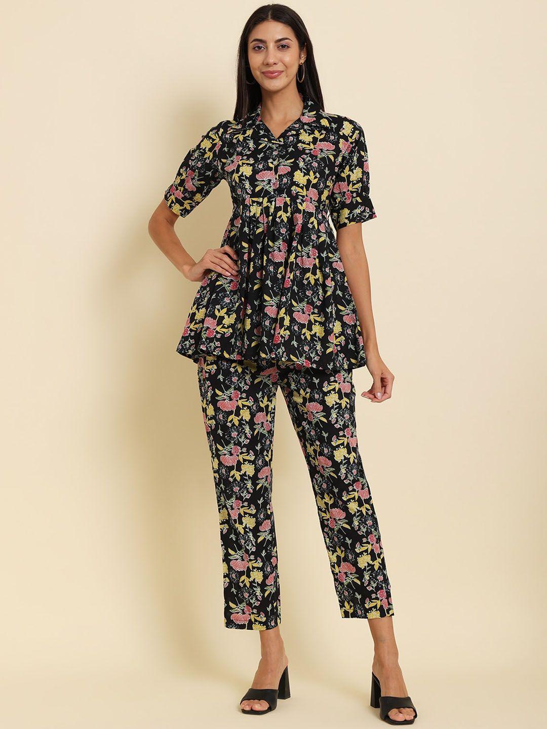 vastralay floral printed shirt collar pure cotton top with trousers