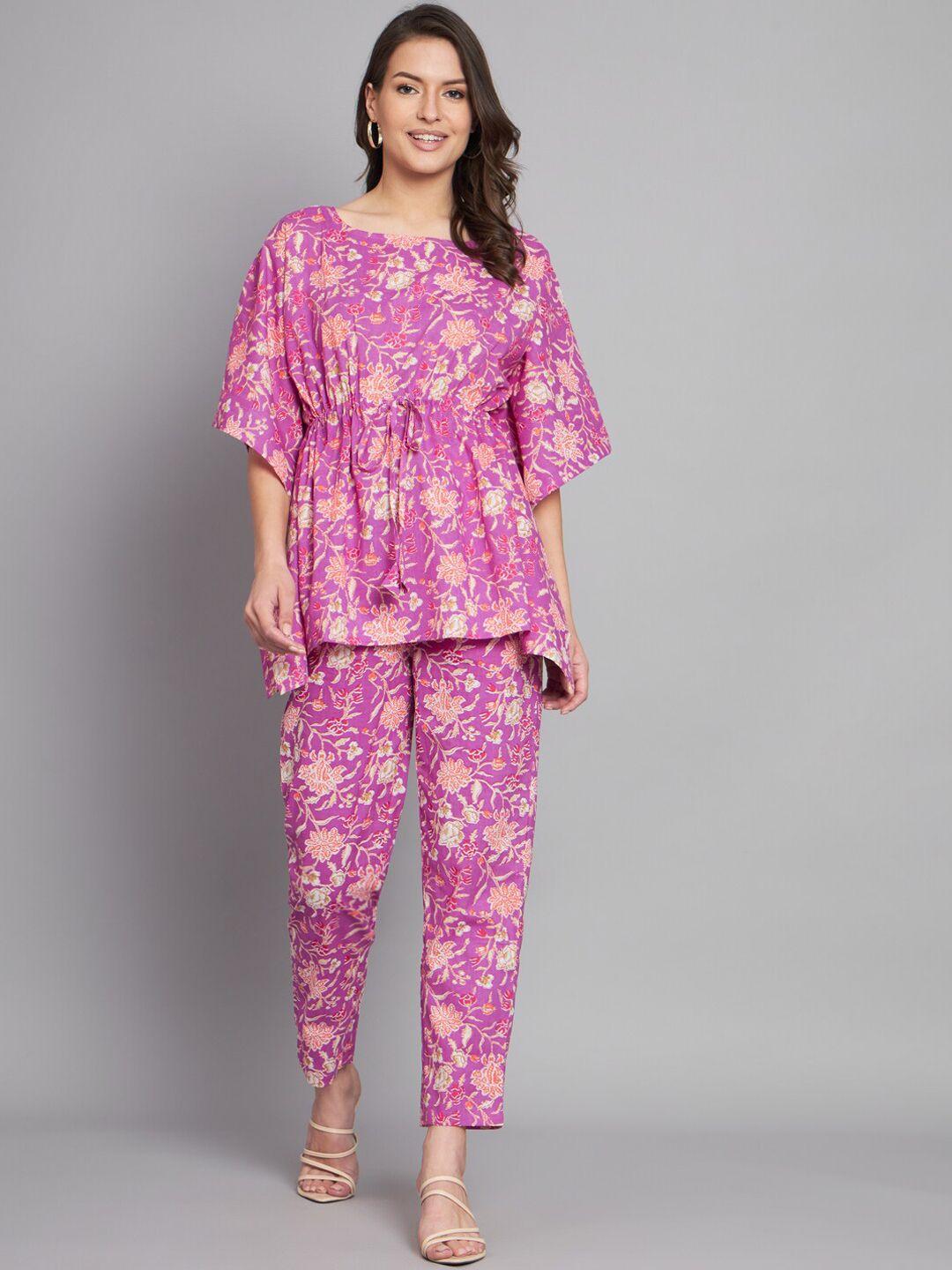 vastralay floral printed pure cotton kaftan top with trouser