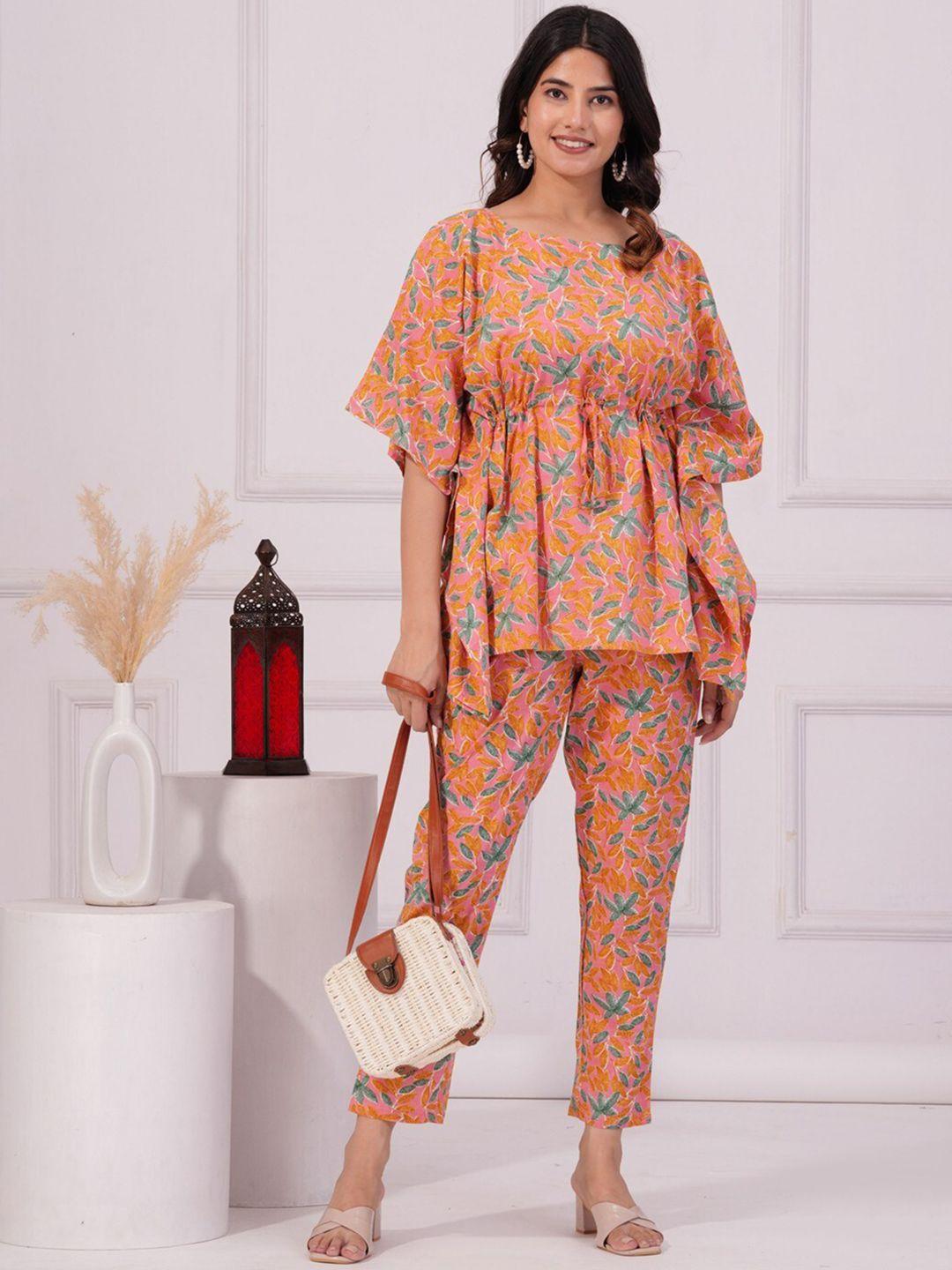 vastralay floral printed pure cotton kaftan tunic with flared palazzos