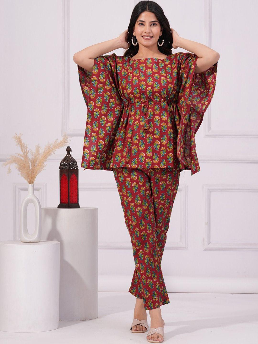 vastralay floral printed pure cotton kaftan tunic with flared palazzos