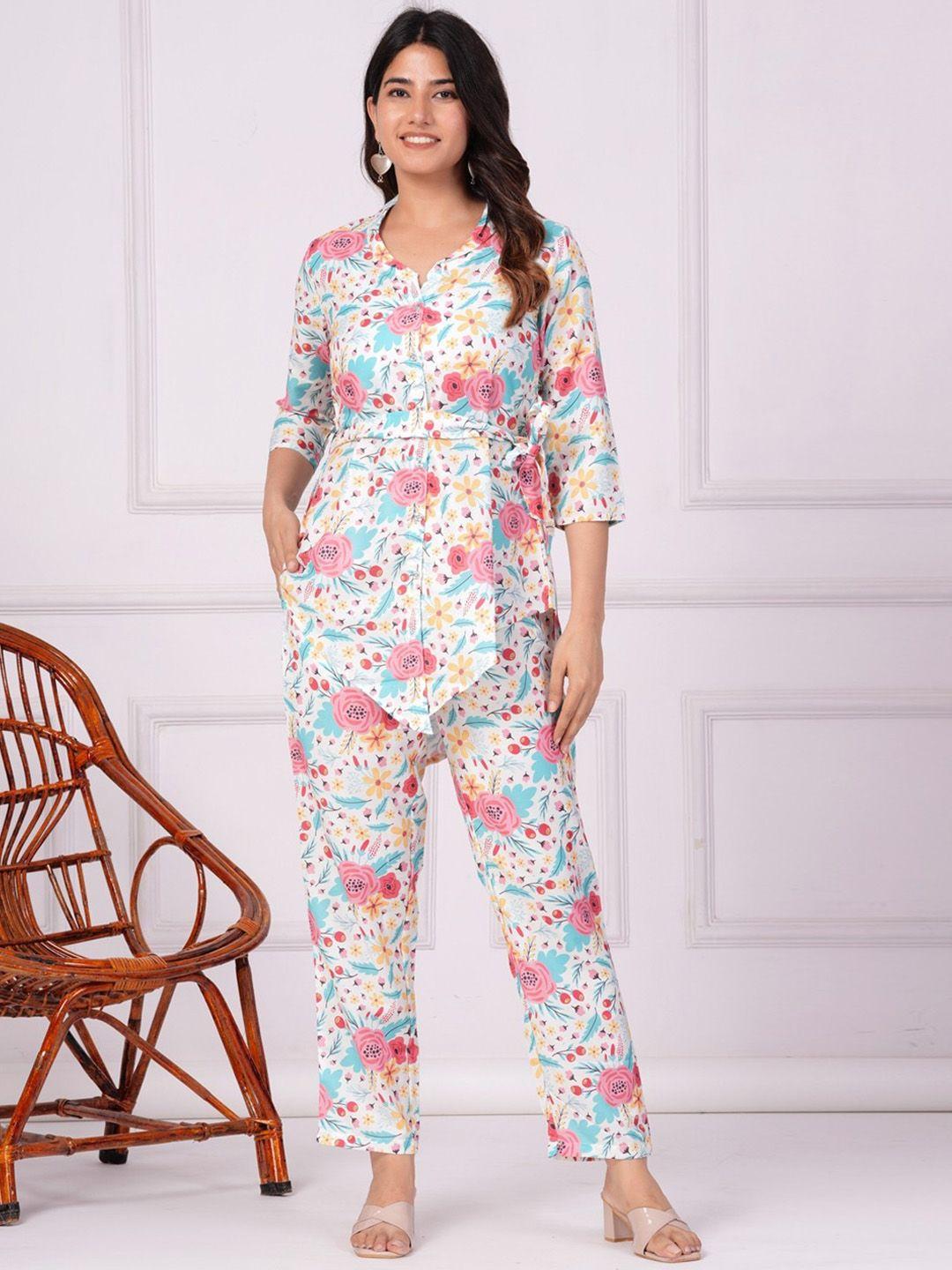 vastralay floral printed round neck tie-up belt shirt with printed trousers