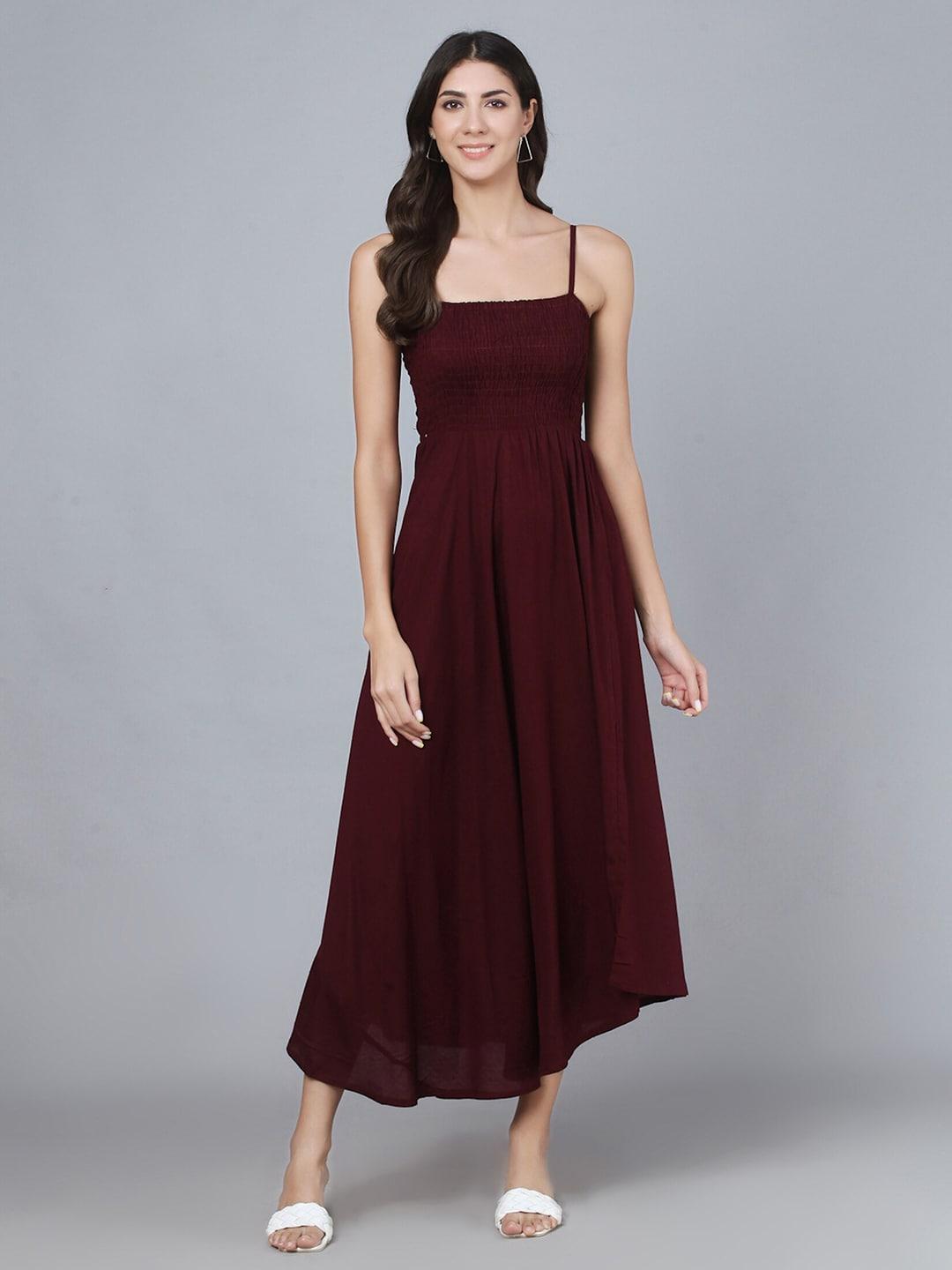 vastralay women burgundy solid fit and flare midi dress