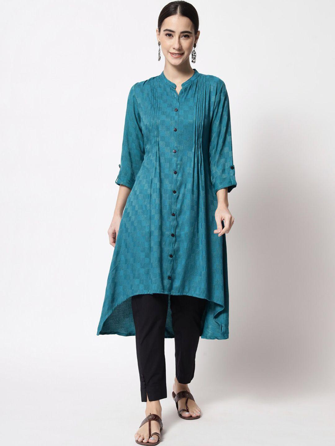 vastralay women green checked woven design high low kurta