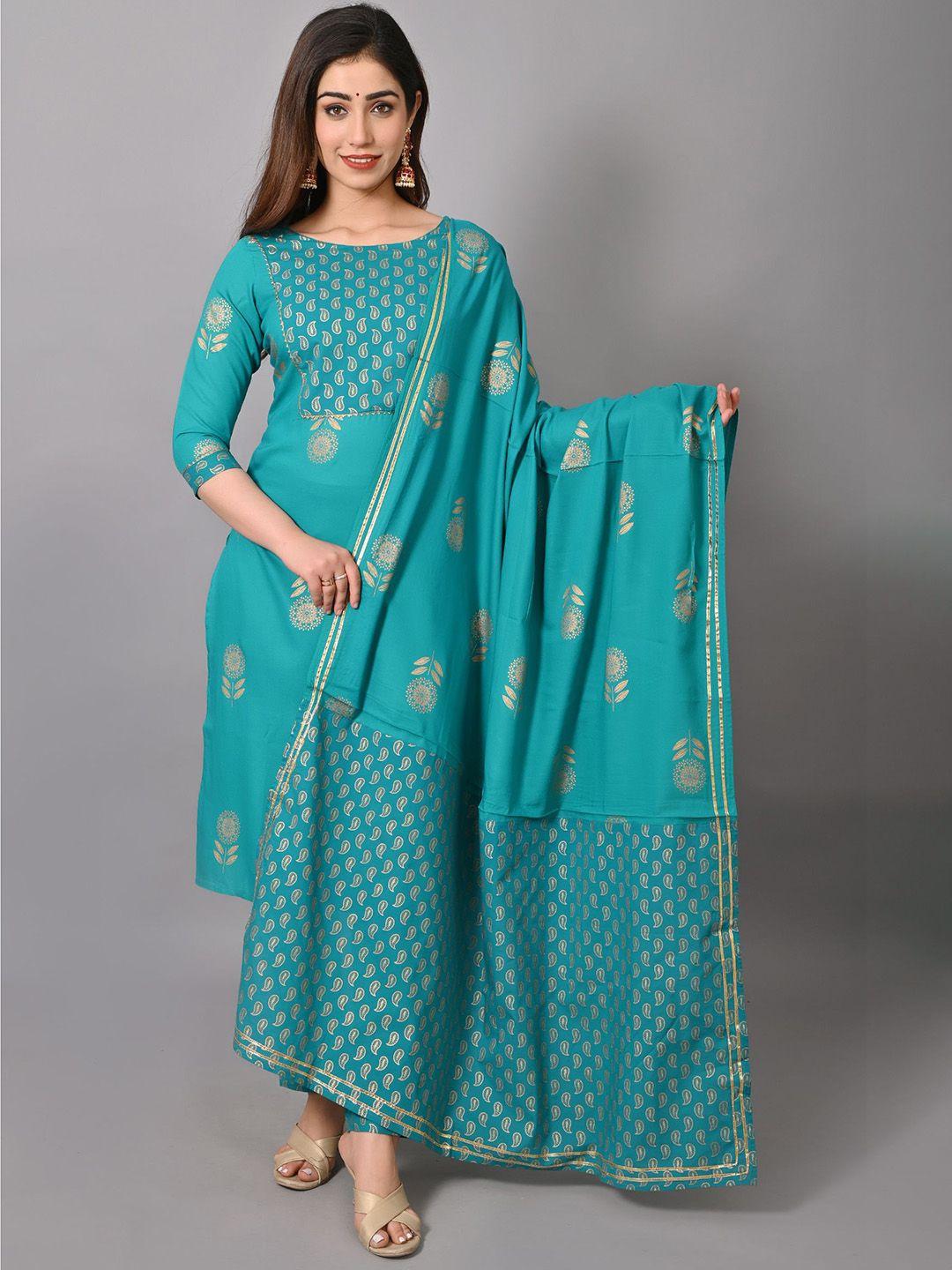 vastramaniaa women green ethnic motifs printed kurta with trousers & with dupatta