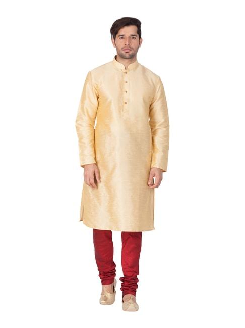 vastramay beige & maroon straight fit self pattern kurta churidar set