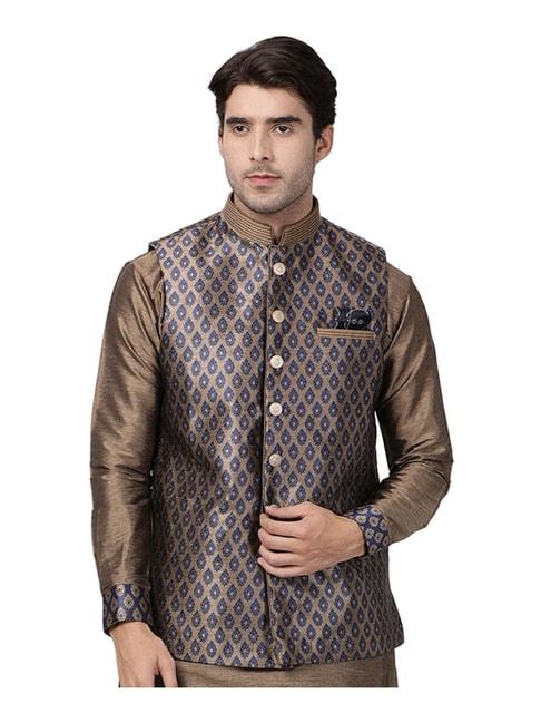 vastramay blue & brown straight fit self pattern nehru jacket