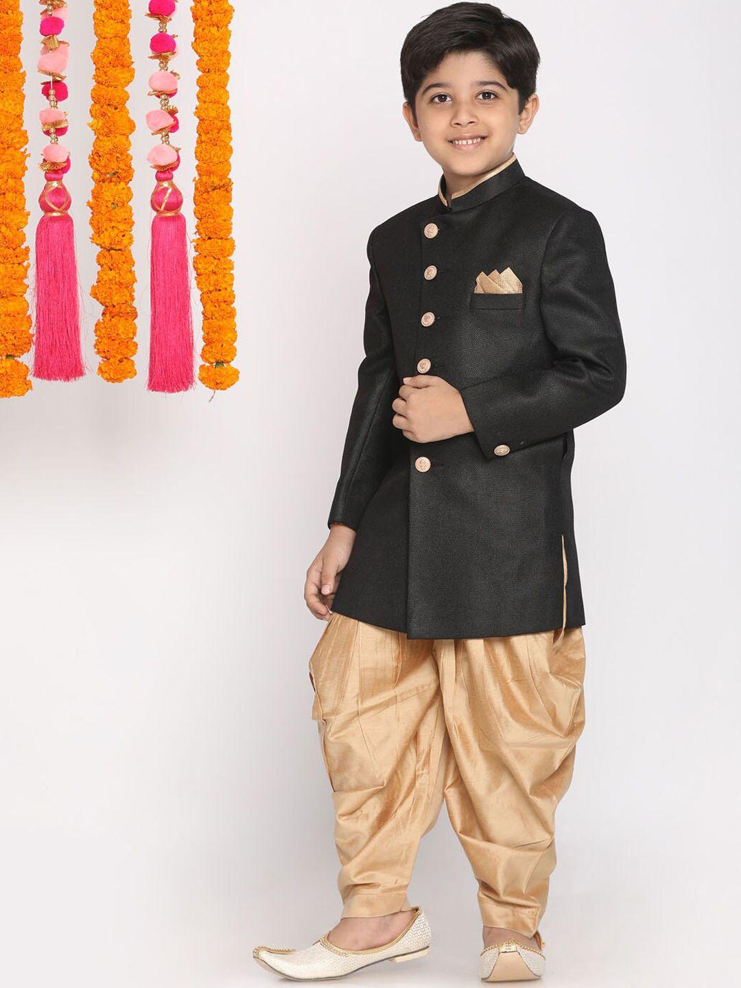 vastramay boys black & gold-coloured solid slim-fit jute cotton sherwani set