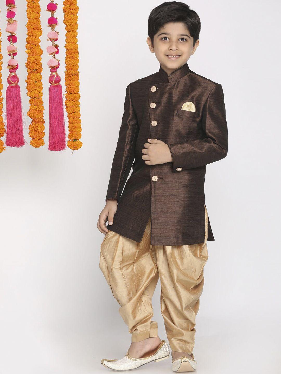 vastramay boys coffee brown & gold-coloured solid slim-fit jute cotton sherwani set