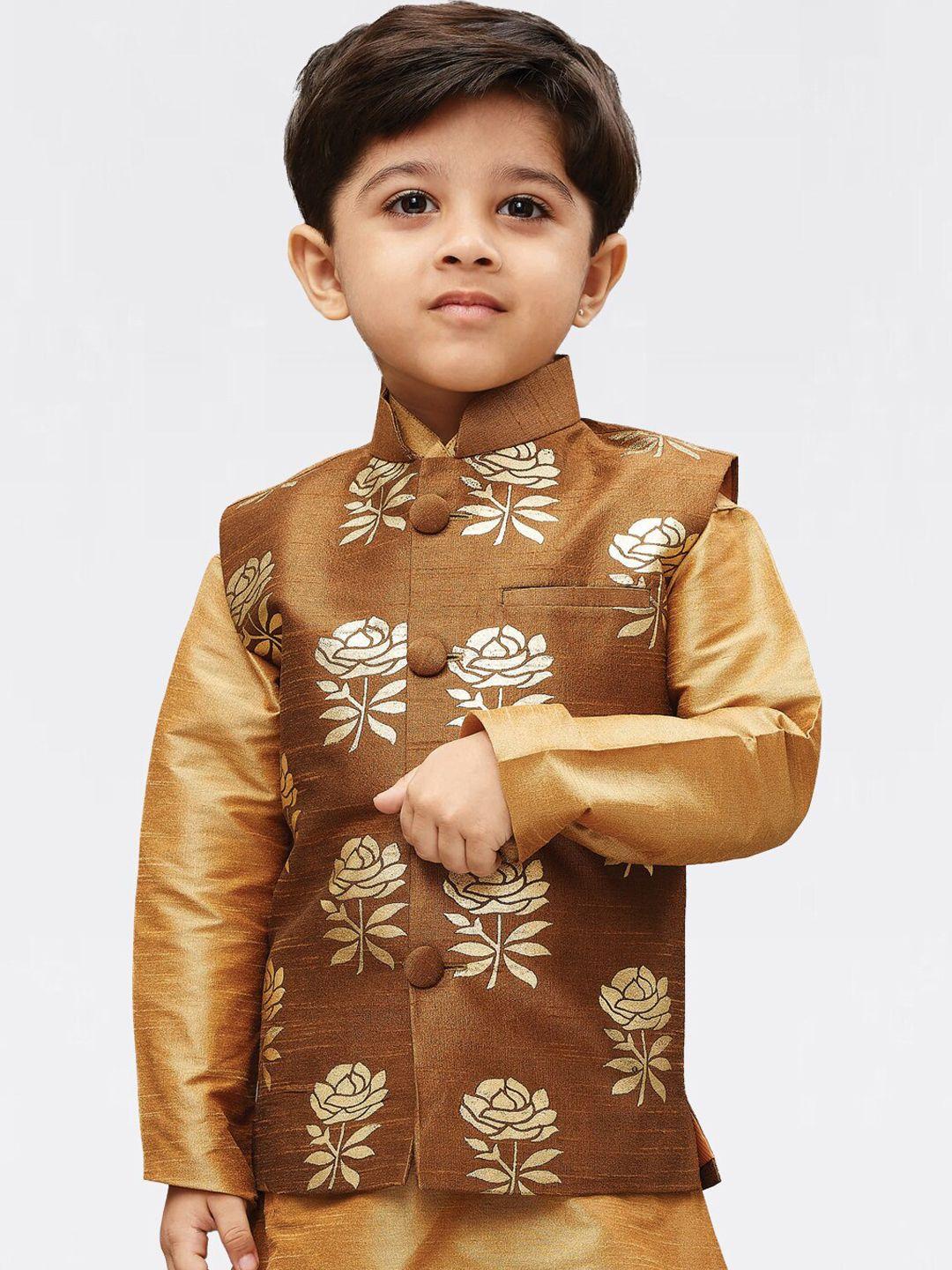 vastramay boys coffee brown printed woven slim-fit nehru jackets