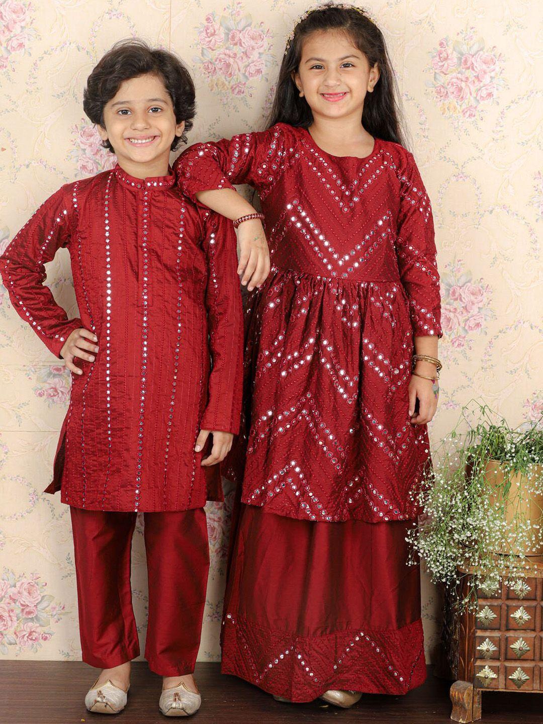 vastramay boys ethnic motifs embroidered mandarin collar mirror work kurta with pyjamas