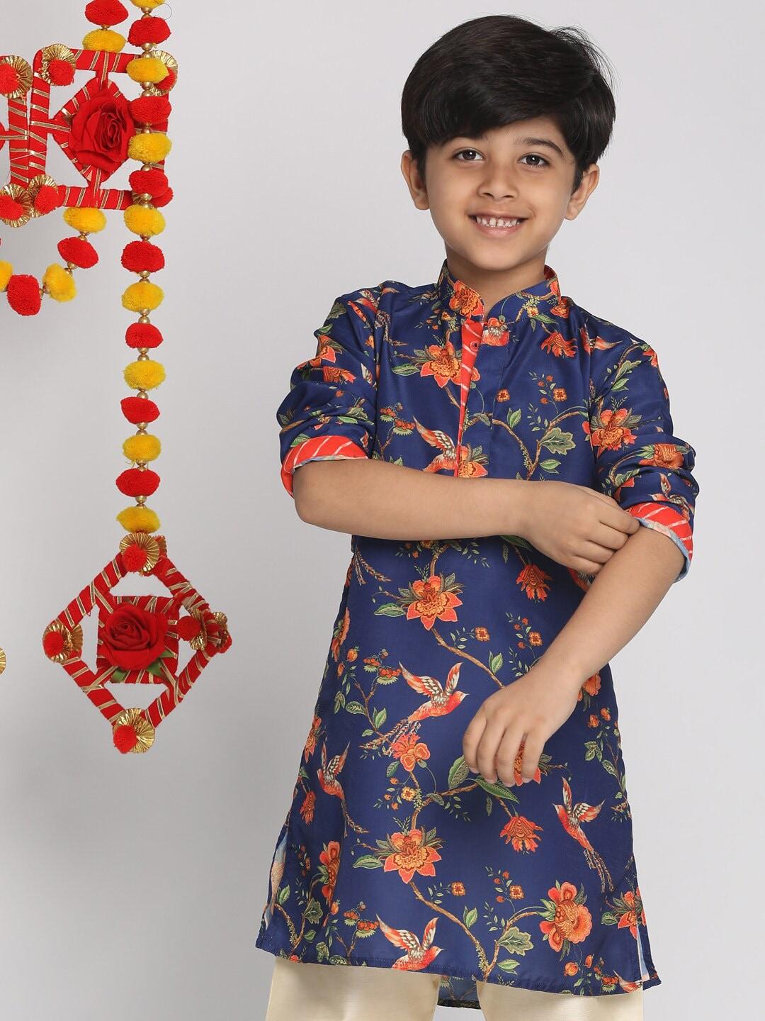 vastramay boys floral printed mandarin collar straight kurta