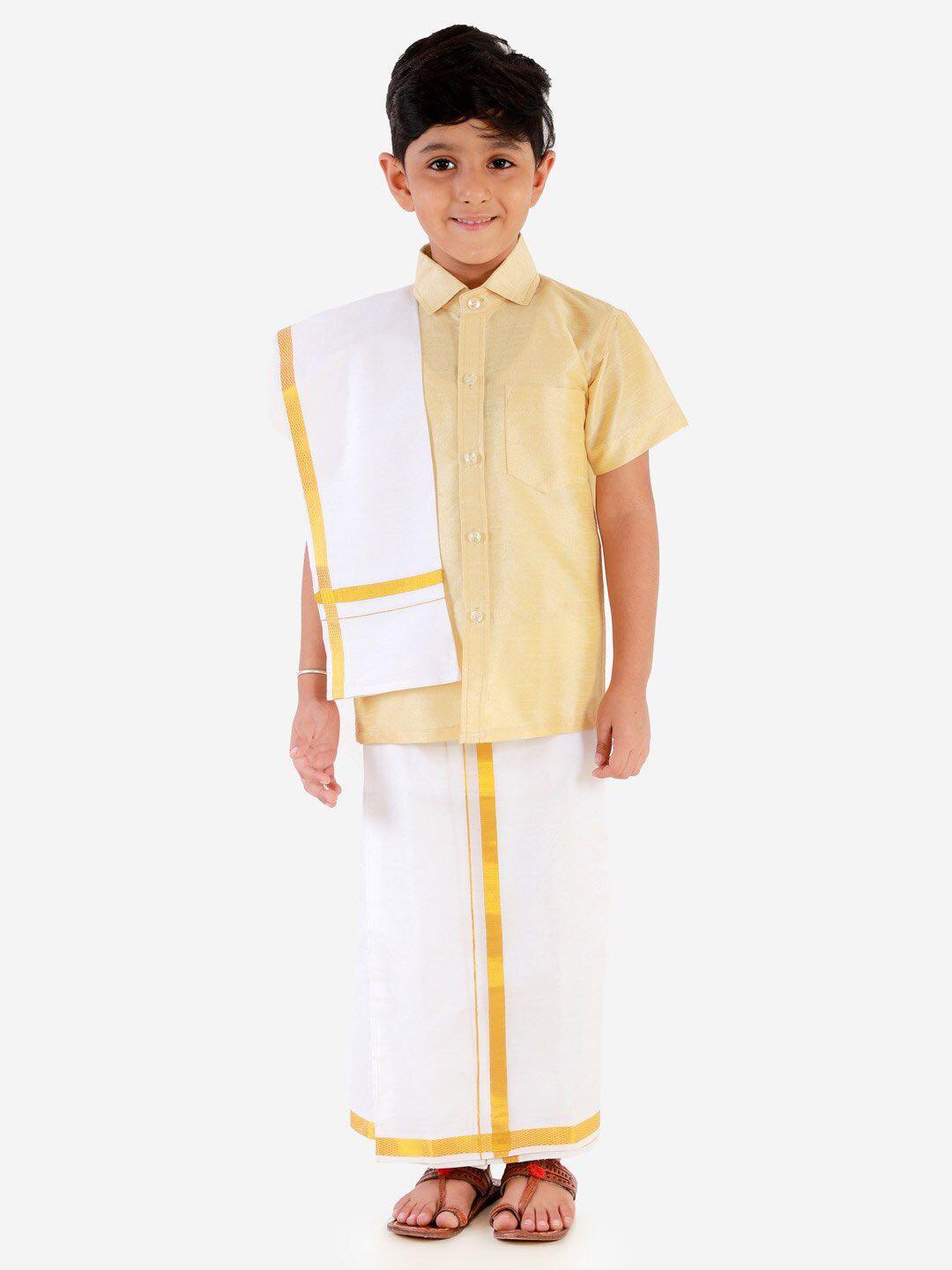 vastramay boys gold-toned & white shirt with dhoti & dupatta