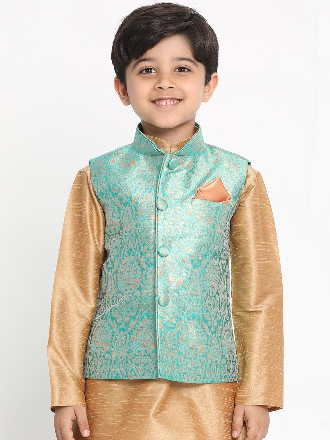 vastramay boys green & gold toned woven design silk blend nehru jacket