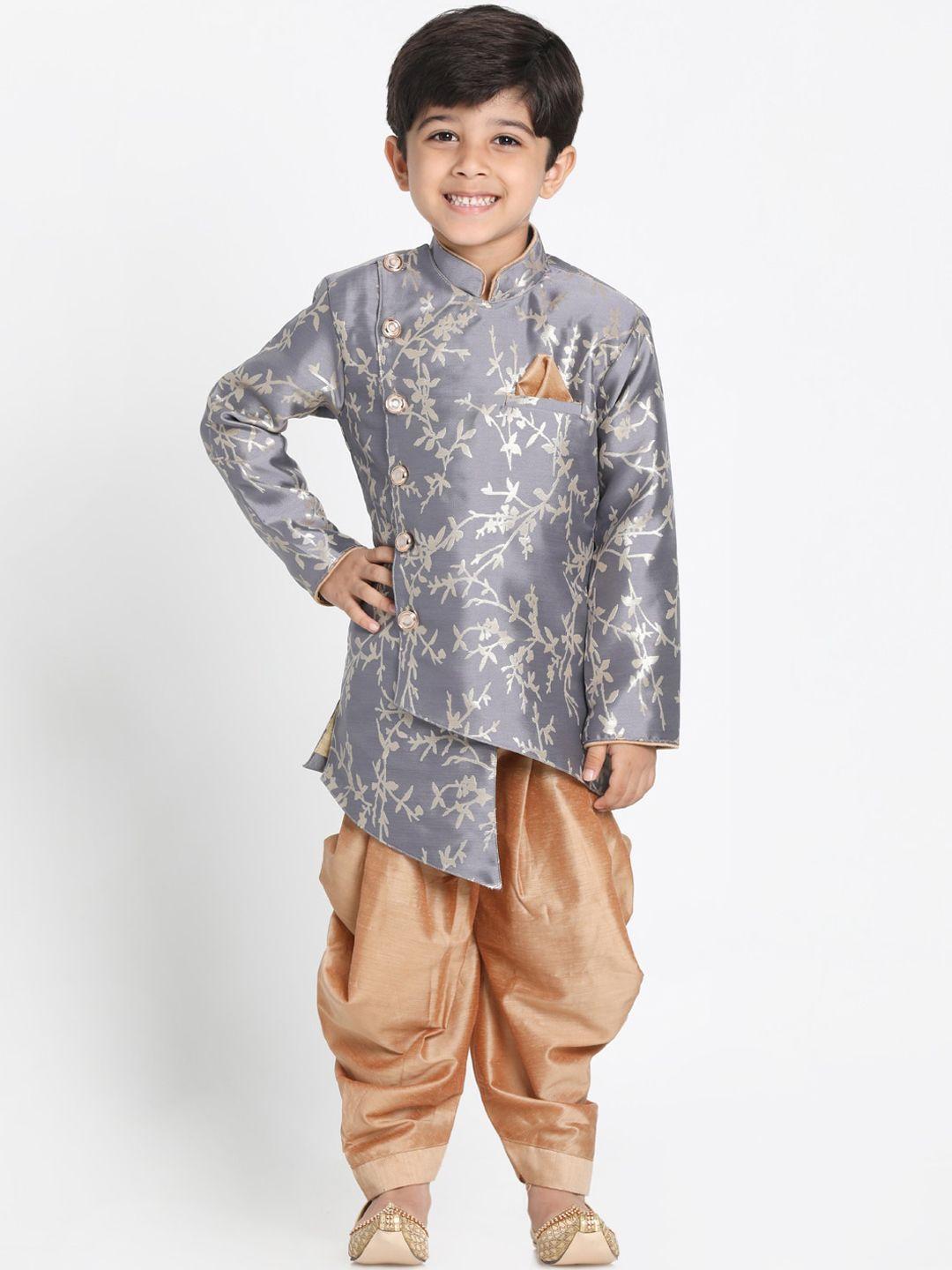 vastramay boys grey & brown printed sherwani with dhoti pants