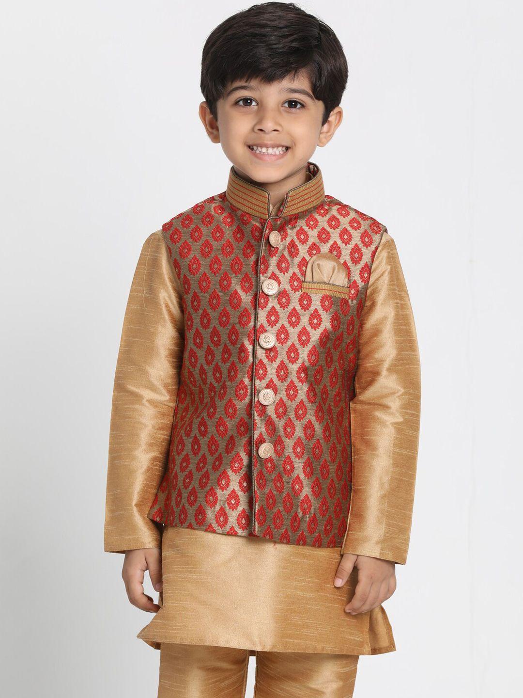 vastramay boys maroon & gold-coloured woven design slim-fit nehru jacket