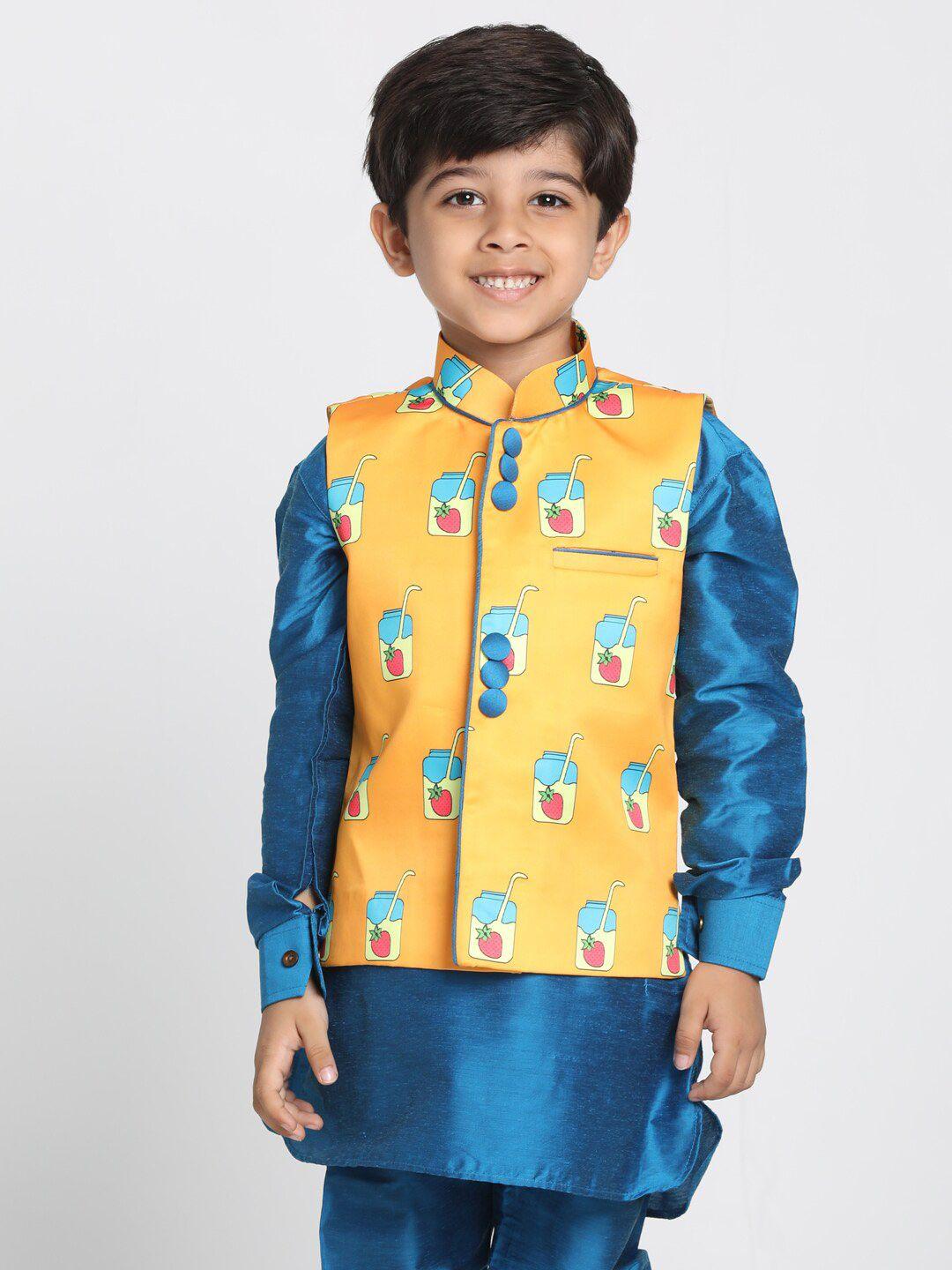 vastramay-boys-orange-&-blue-printed-slim-fit-satin-nehru-jacket