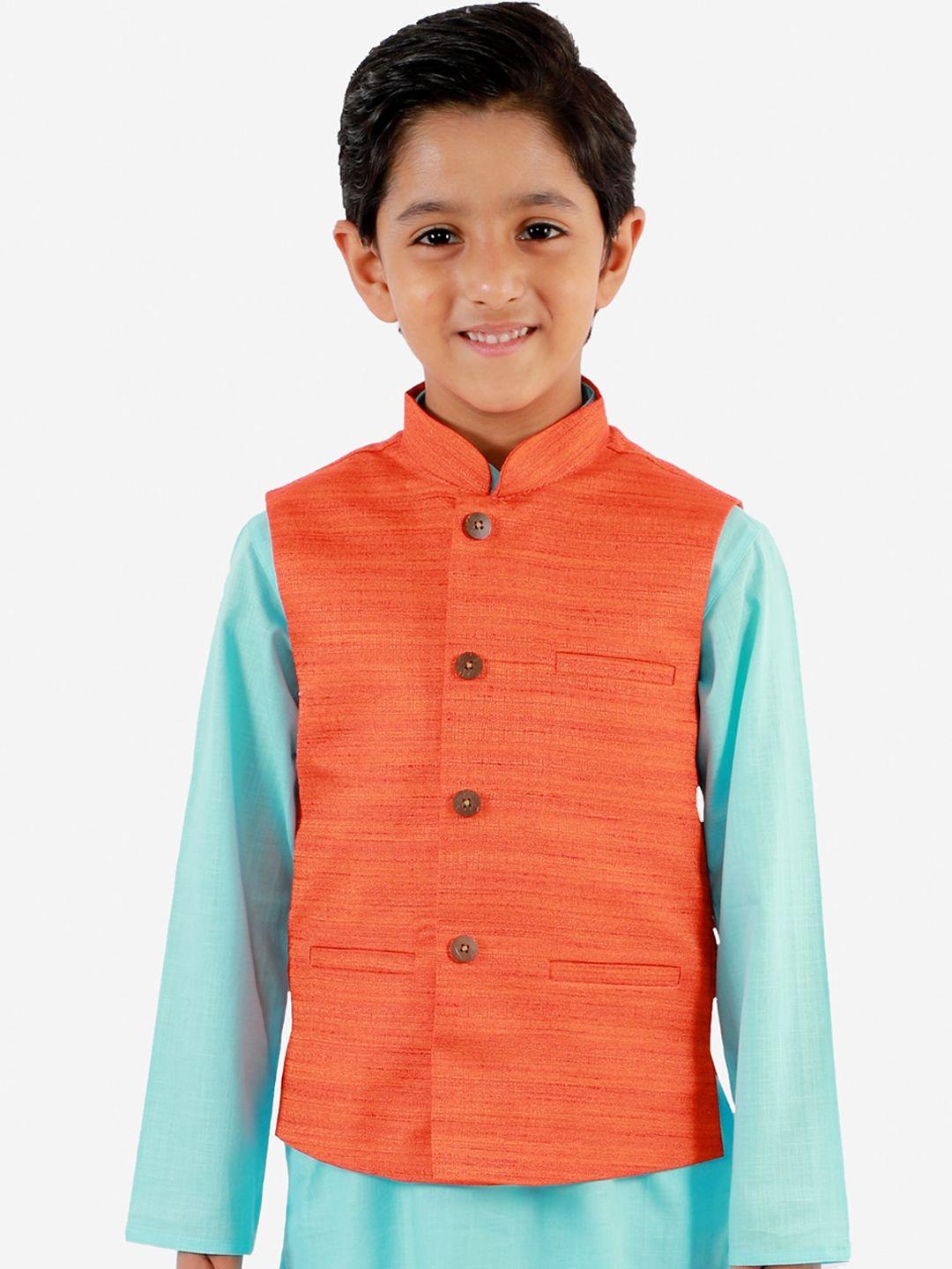 vastramay boys orange solid woven nehru jacket