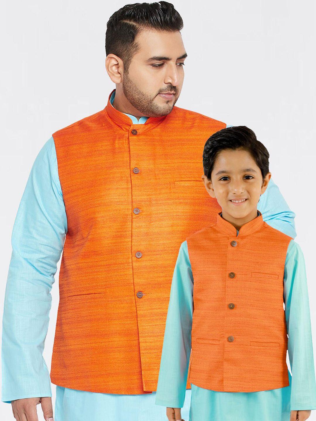 vastramay boys orange woven design nehru jacket
