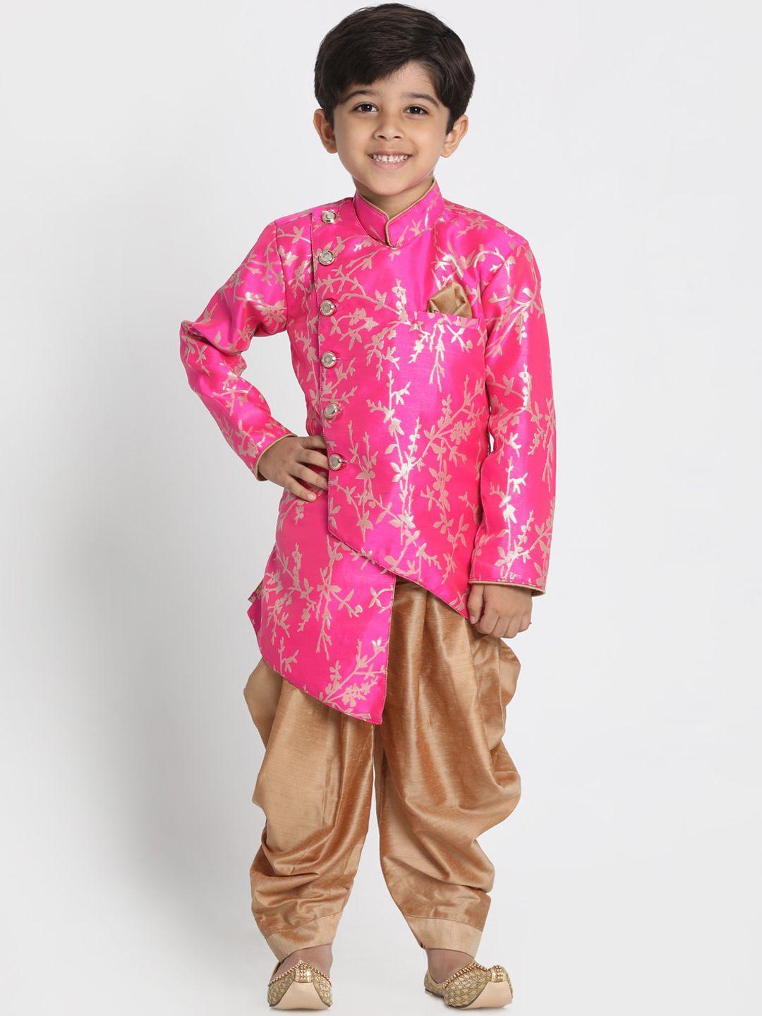 vastramay boys pink & brown printed sherwani with dhoti pants