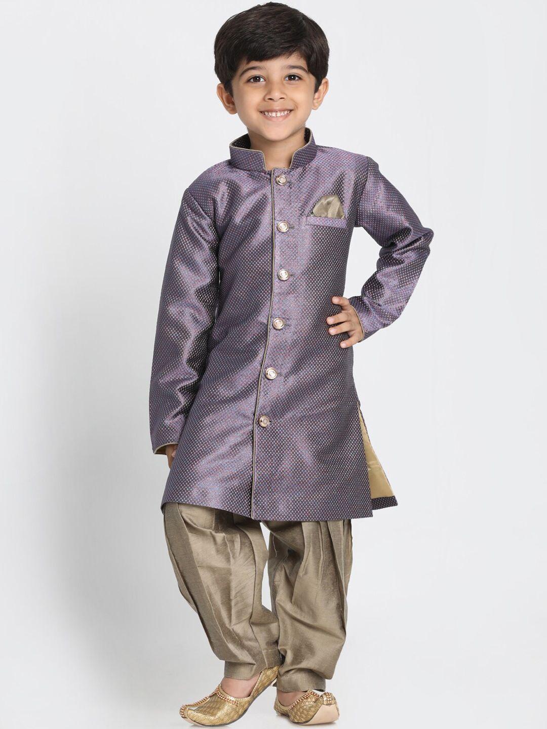 vastramay boys purple & beige self-design sherwani set