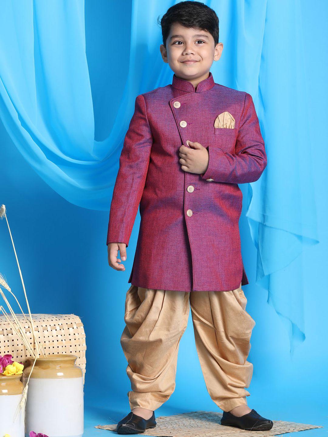 vastramay boys purple woven-design sherwani set