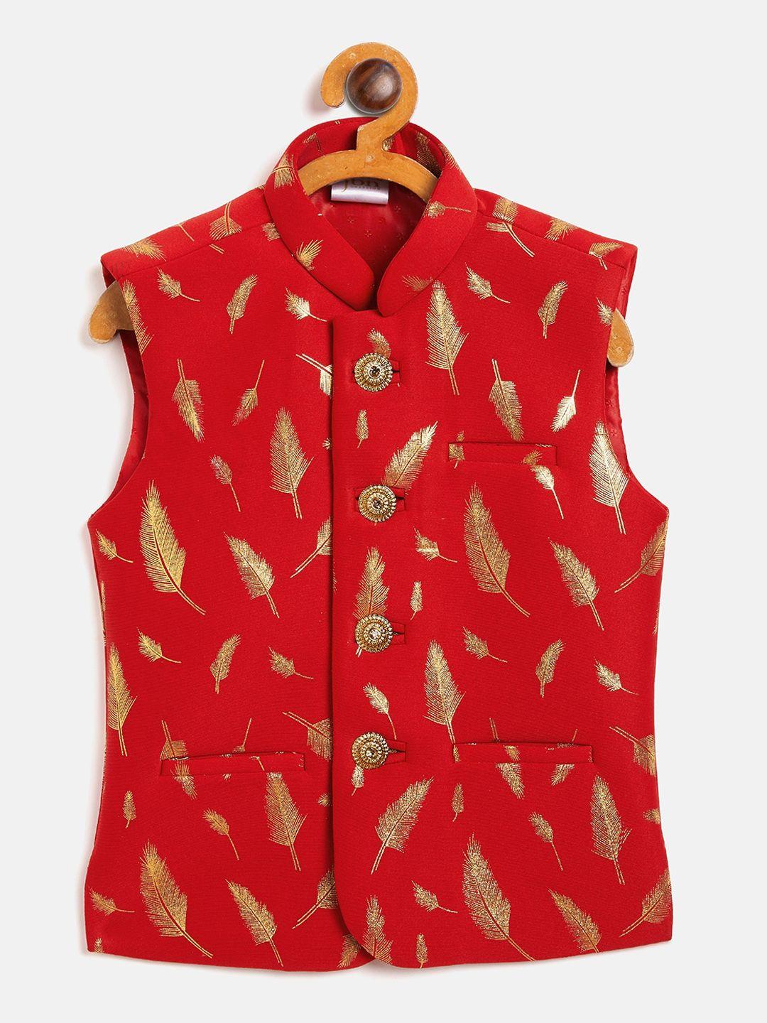 vastramay-boys-red-&-gold-toned-printed-slim-fit-woven-nehru-jacket