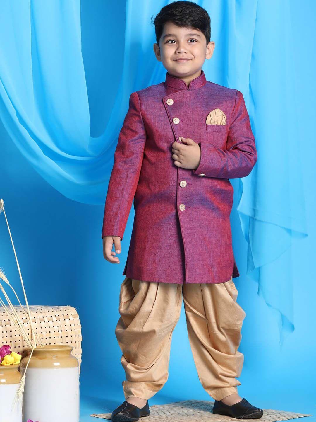 vastramay boys self design mandarin collar long sleeve indowestern sherwani set