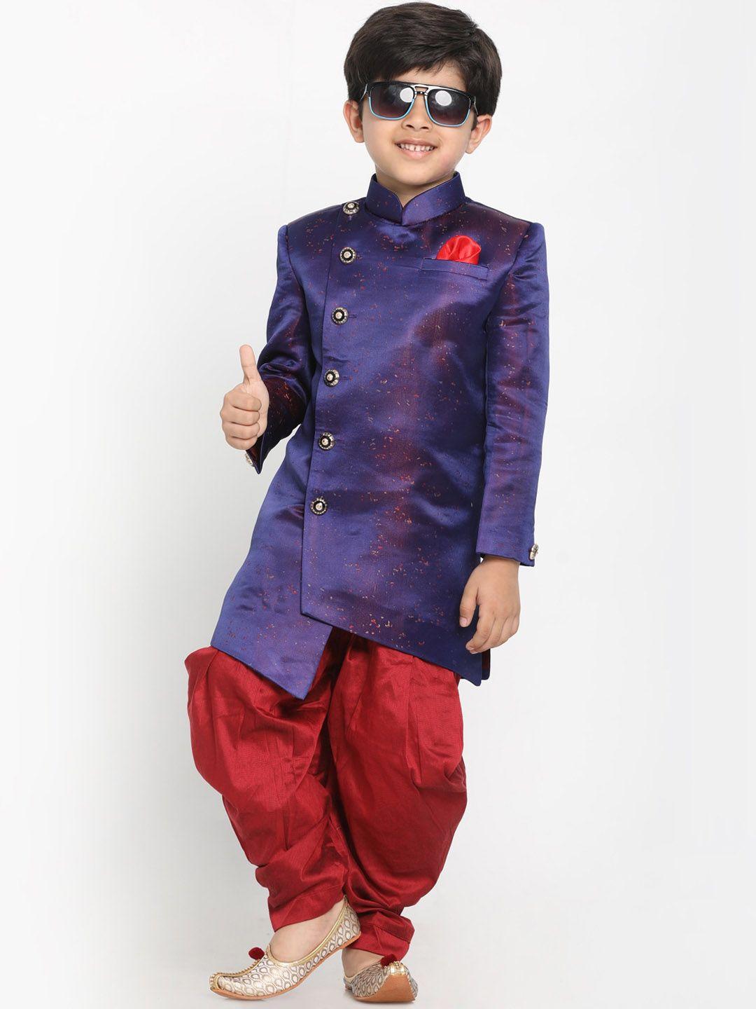 vastramay boys self design mandarin collar raw silk indowestern sherwani set