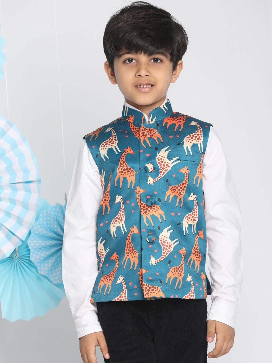 vastramay-boys-turquoise-blue-&-orange-giraffe-printed-slim-fit-satin-nehru-jacket