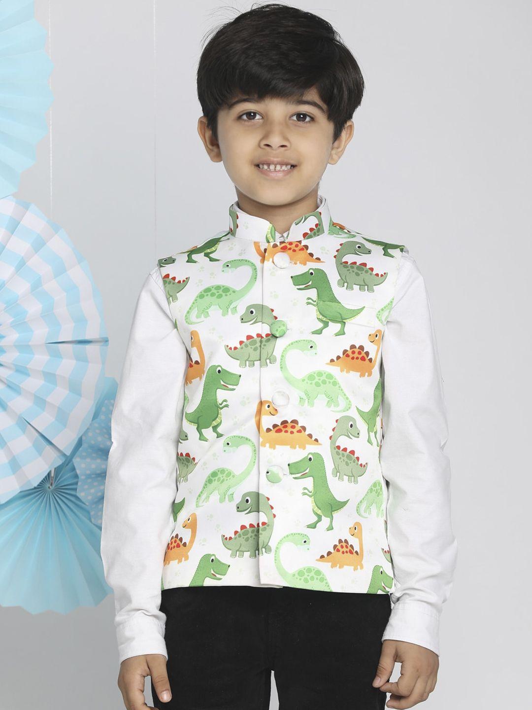 vastramay boys white & green printed slim-fit animal motif nehru jacket