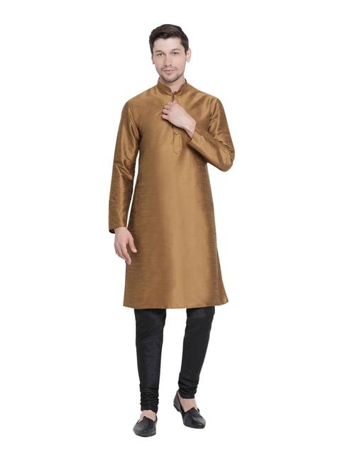 vastramay brown & black straight fit self pattern kurta churidar set