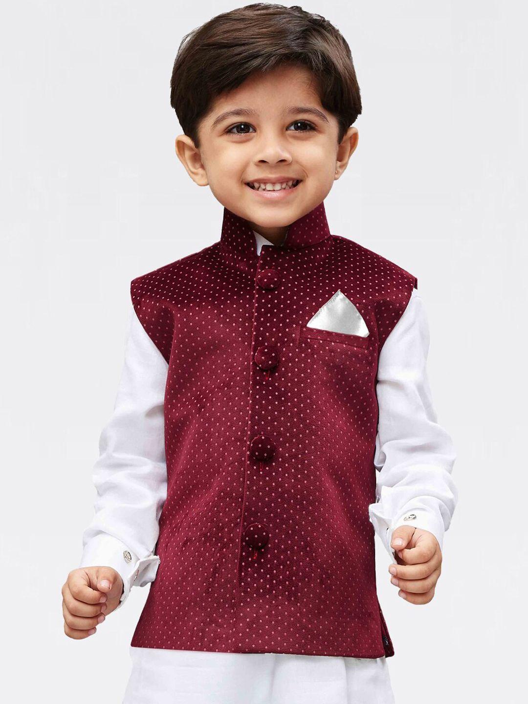 vastramay-infant-boys-maroon-polka-dot-digital-printed-velvet-slim-fit-nehru-jacket