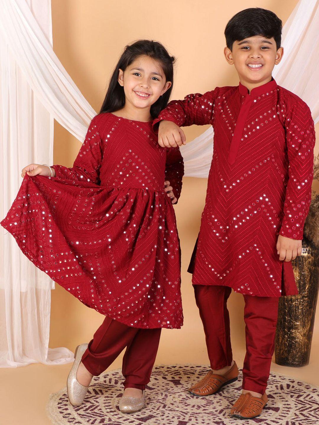 vastramay kids-boys maroon ethnic motifs mirror work georgette kurta and pyjama set