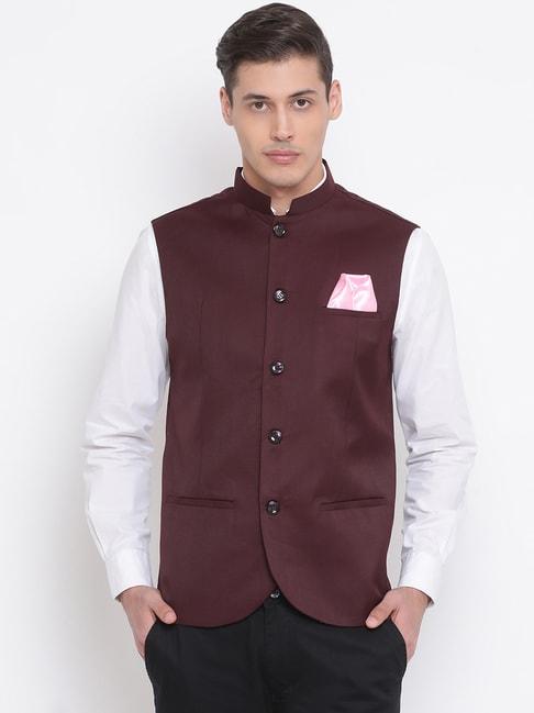 vastramay maroon straight fit nehru jacket
