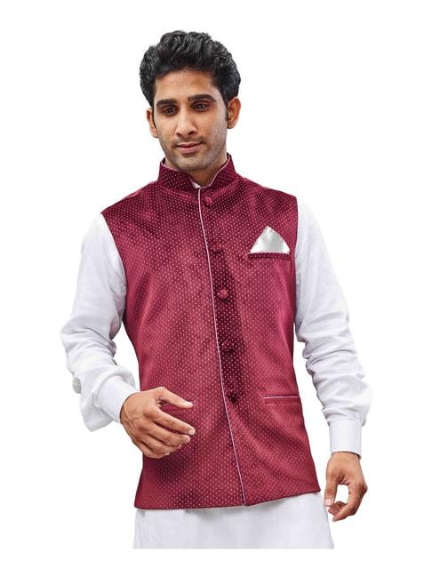 vastramay maroon straight fit printed nehru jacket