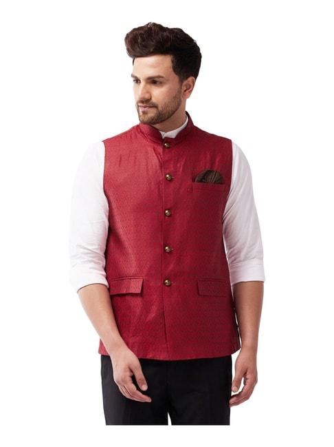 vastramay maroon stretch fit embroidered nehru jacket