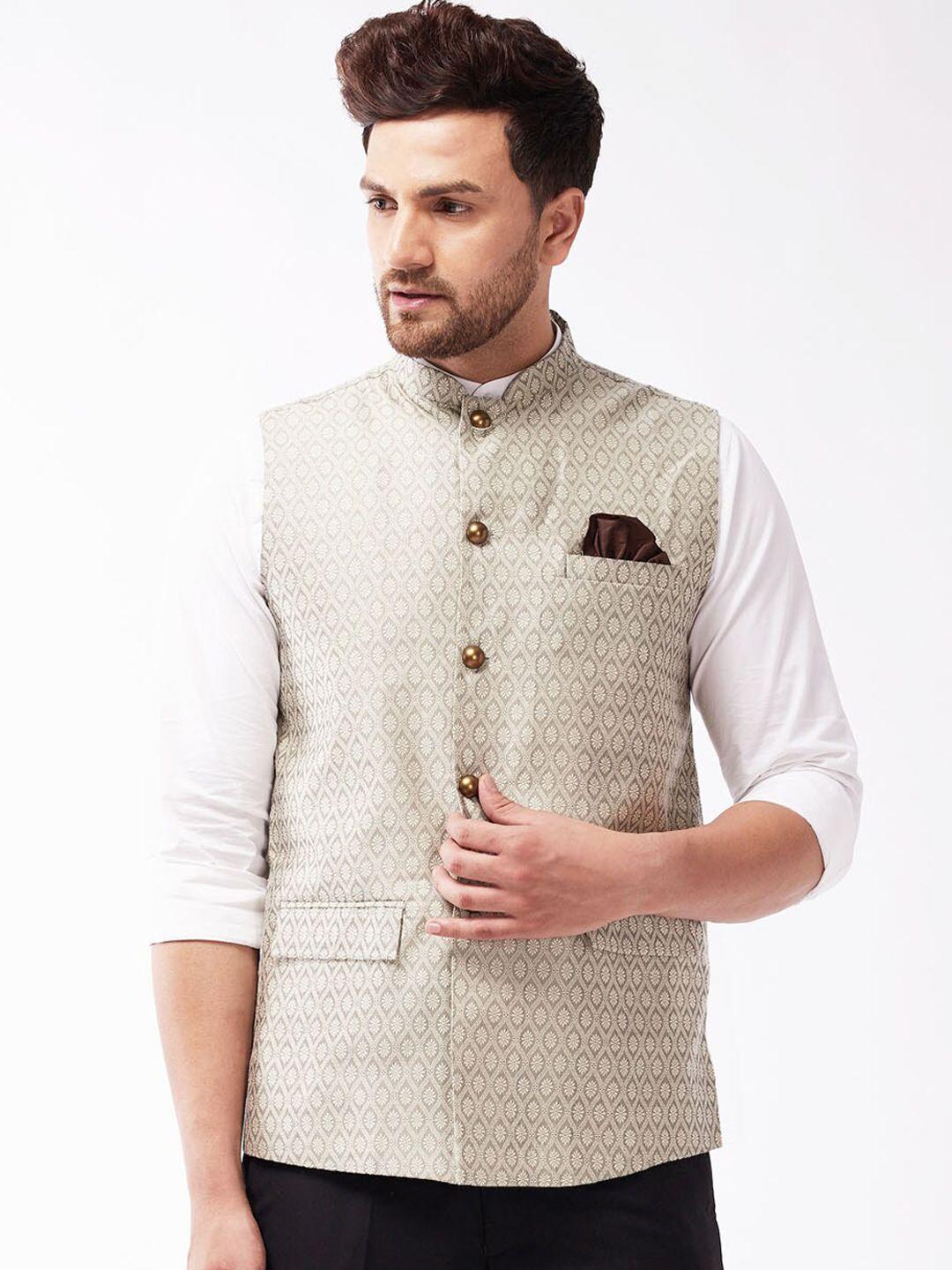 vastramay-men-beige-&-grey-woven-design-nehru-jackets