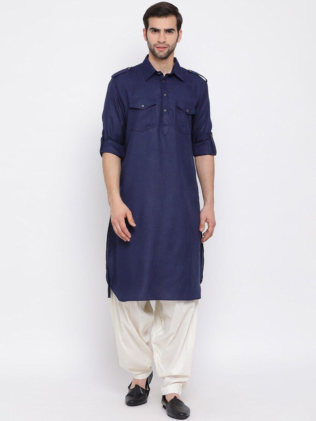 vastramay men blue & cream-coloured solid kurta with trousers