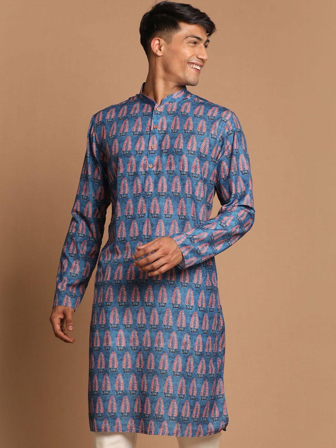 vastramay men blue & red ethnic motifs printed straight kurta