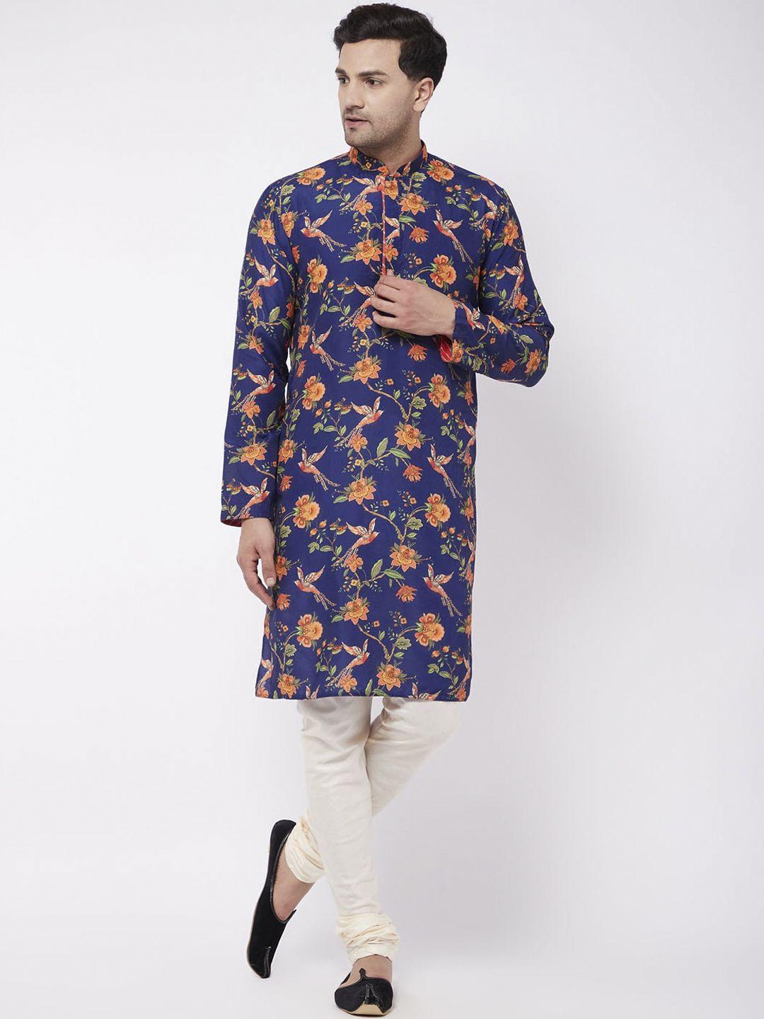 vastramay men blue floral printed kurta with pyjamas
