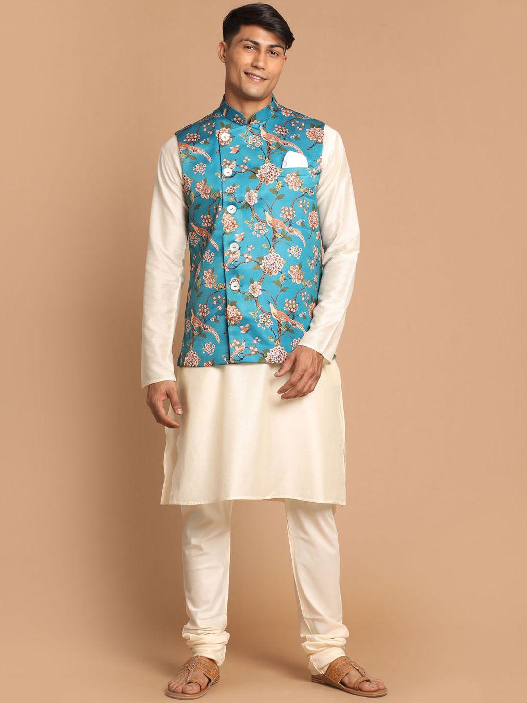 vastramay men floral kurta with churidar with nehru jacket set