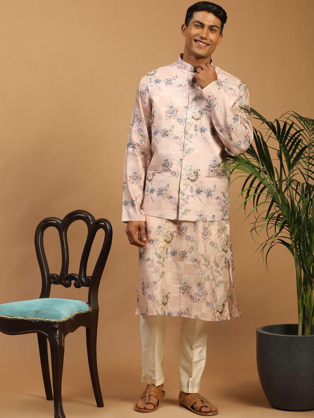 vastramay men floral printed kurta with pyjamas & nehru jacket
