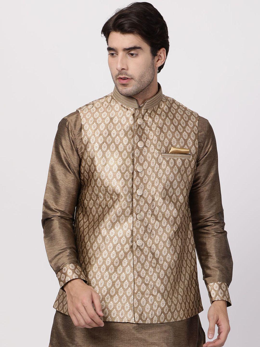 vastramay-men-gold-woven-design-slim-fit-nehru-jacket