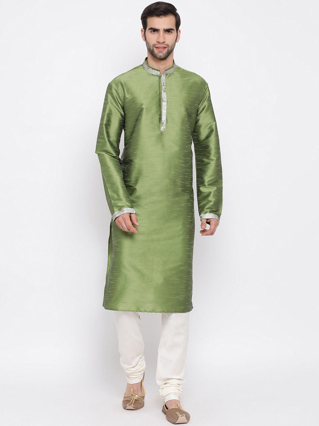 vastramay men green & white kurta with churidar
