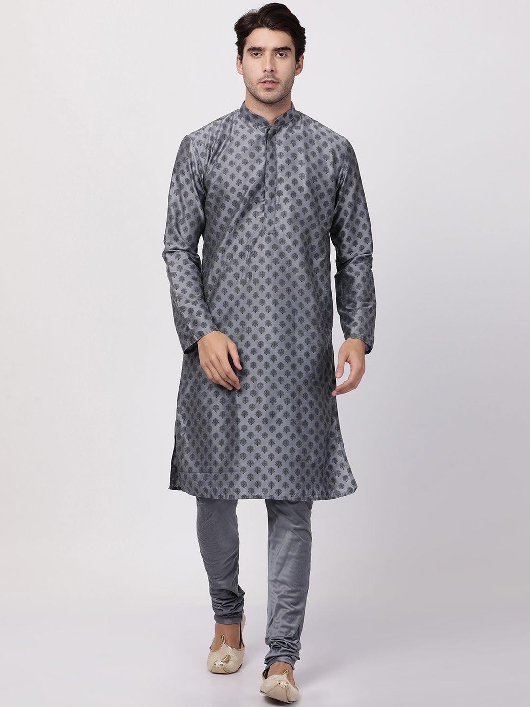 vastramay men grey printed kurta with churidar