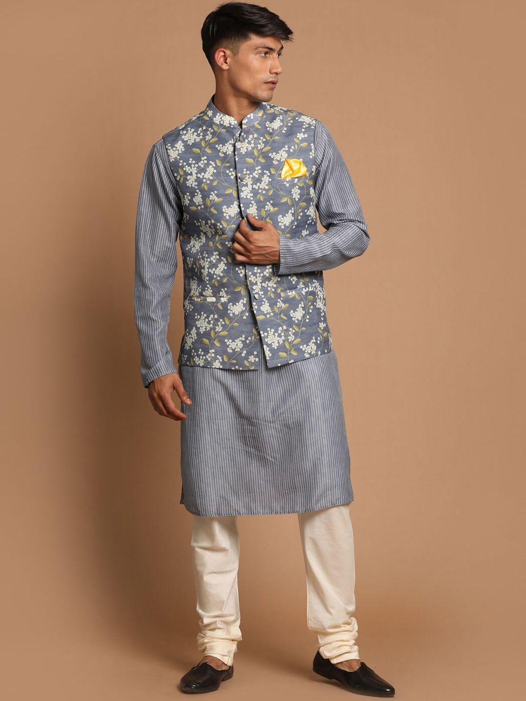 vastramay men grey striped kurta with pyjamas & floral printed nehru jacket