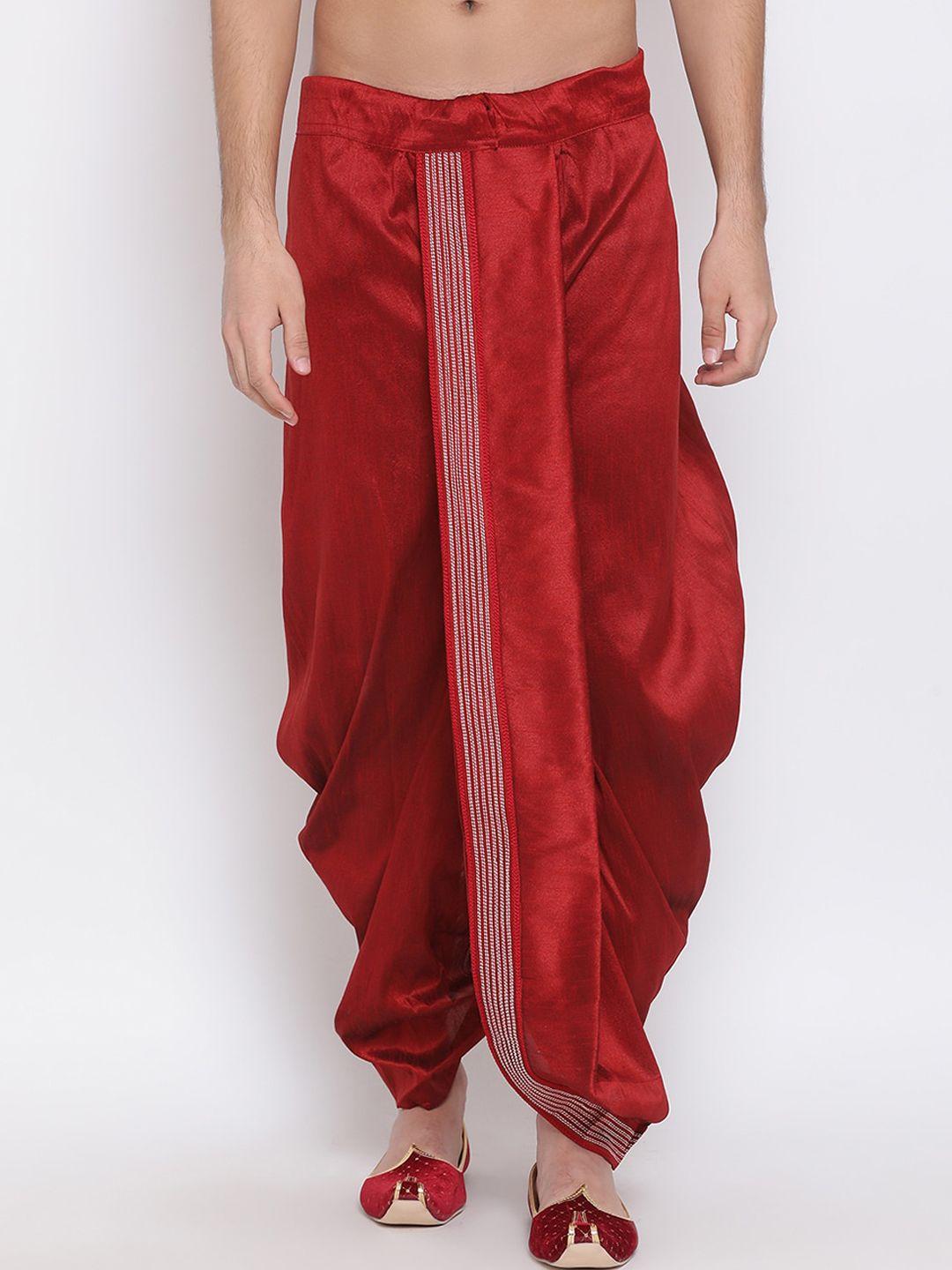 vastramay men maroon embroidered silk blend dhotis
